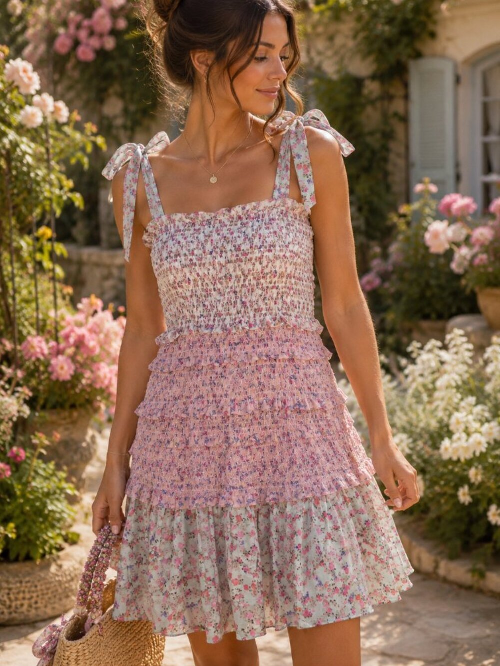 LoveShackFancy XL Floral Smocked Tie Shoulder Mini Dress Cottagecore - Picture 8 of 10